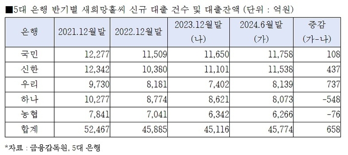 5대 은행 반기별 새희망홀씨 신규 대출 건수 및 대출잔액 그래프. (출처 = 강준현 의원실)